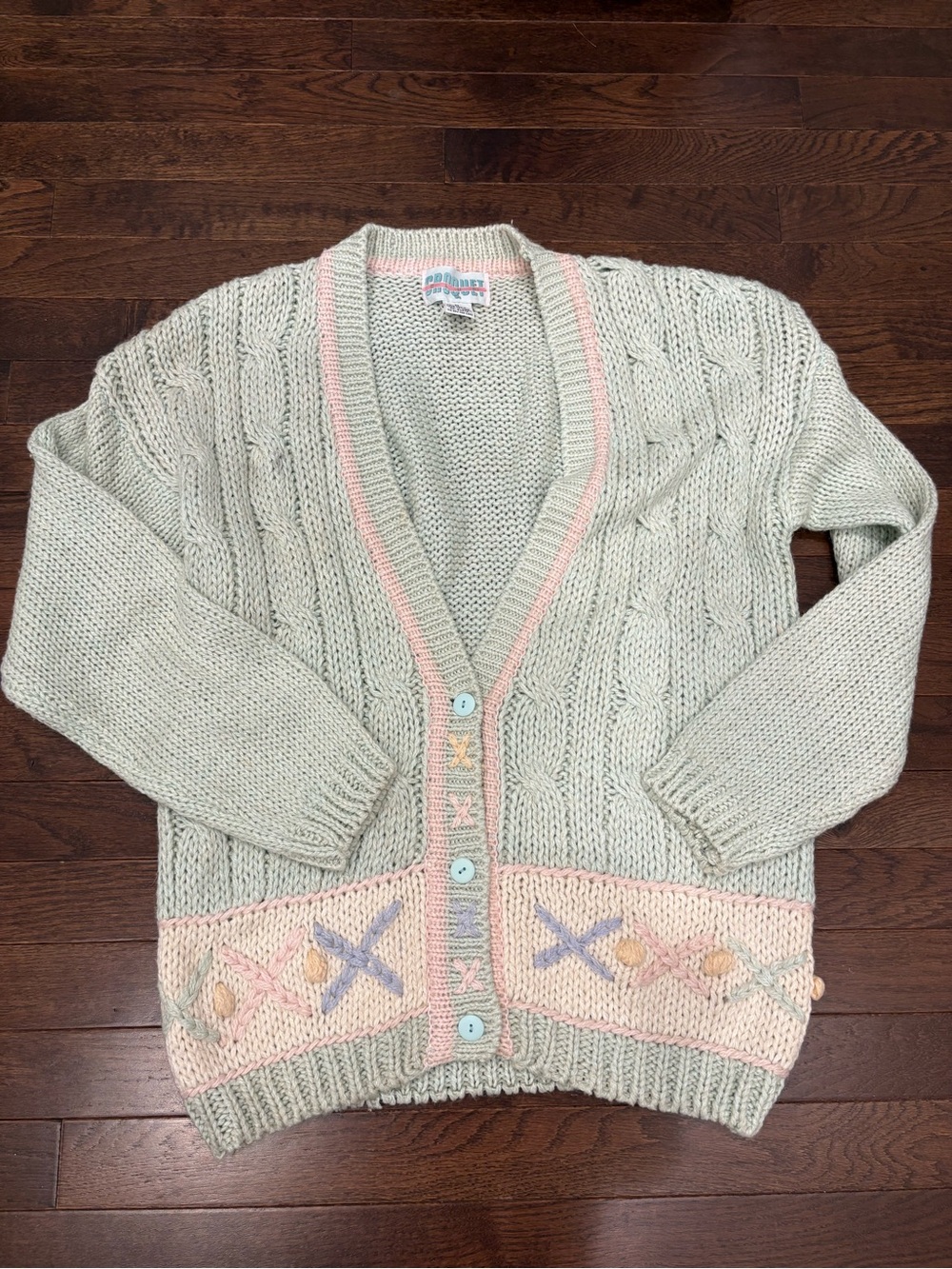 Vintage 80s 90s Croquet Club Mint Green Pastel Cable Knit Cardigan Sweater M